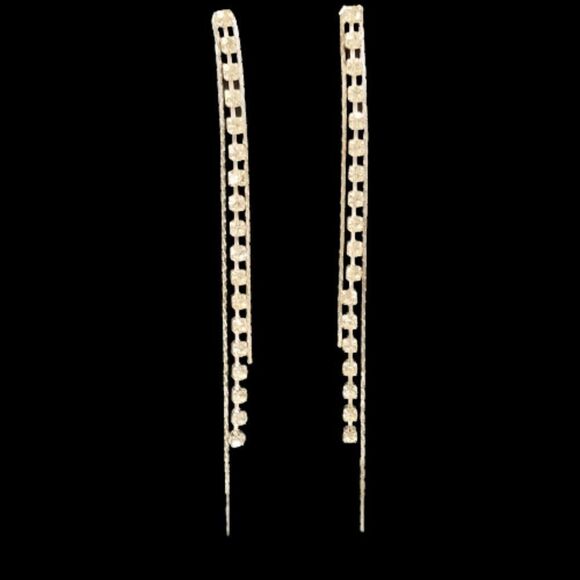 Crystal Rhinestones Silver Chains Dangling Drop Tassel Earrings 3 Strands 4" L - Picture 2 of 5